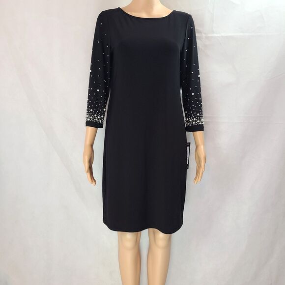 New NICOLE MILLER Woman's (M) Black Knit w/Pearl Embellishment 3/4 Sleeve Dress - Picture 1 of 13